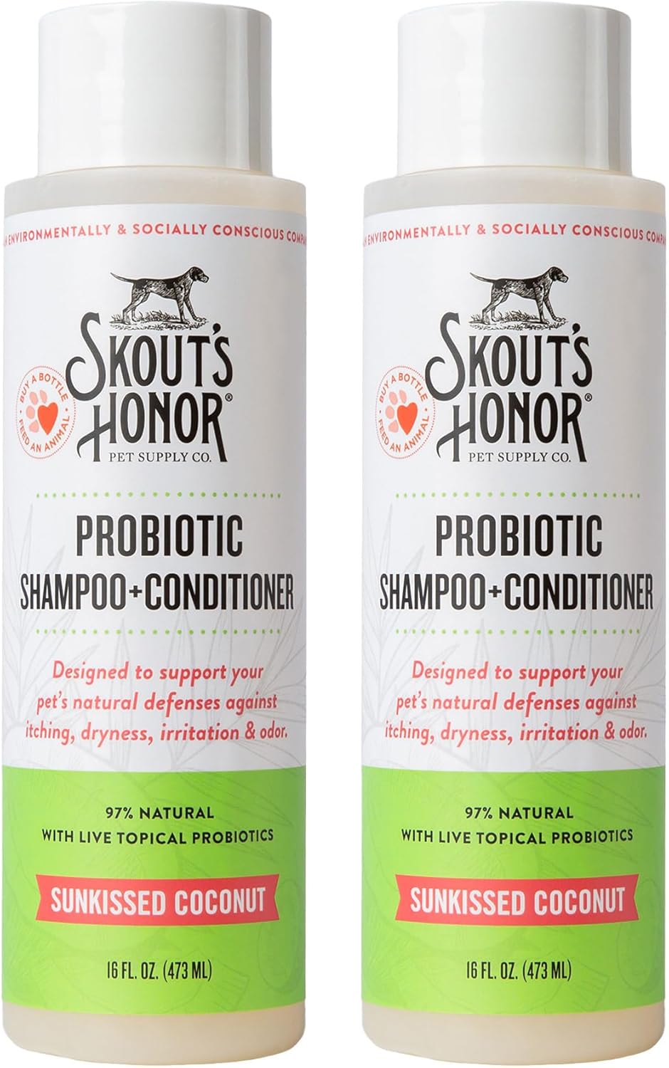 Skout's Honor Probiotic Dog Shampoo & Conditioner with Avocado Oil & Omega-3s, 97% Natural, Paraben & Sulfate-Free, Cruelty-Free, 16oz, Sunkissed Coconut, 2-Pack