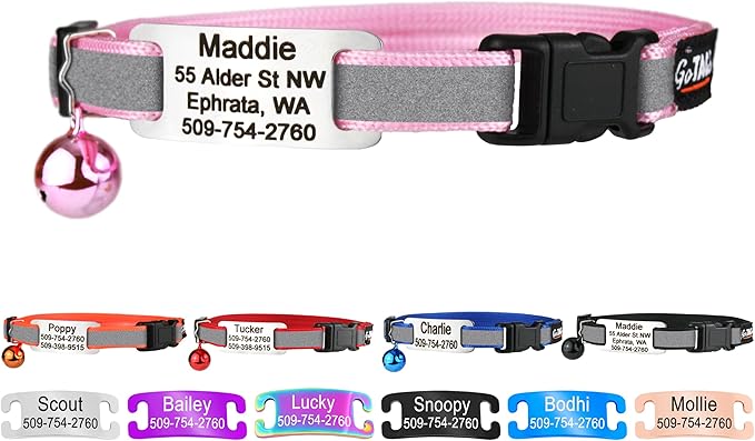 GoTags Personalized Reflective Cat Collars with Tag, Engraved Custom with Name and Phone, Breakaway Collar with Safety Buckle and Bell, Adjustable for Cats and Kitten, (Pink with Nameplate)