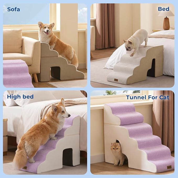 ZOMISIA Dog Stairs for Large Dogs with Tunnel, 24" H 5 Steps for High Bed | Tunnel 2 in 1 with Zippers, Suitable for Puppy and Older Cats for couch, Non-Slip Durable Dog Steps with High-Density Foam
