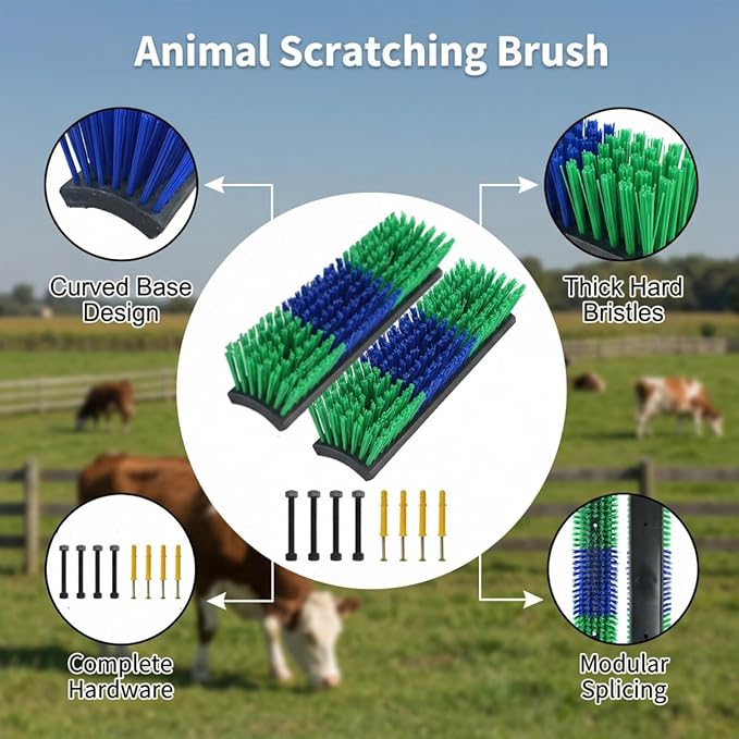 Livestock Scratching Brush 4 Pack, Itch Relief Goat Scratching Post | Wear-Resistant Nylon Bristles, 16 Heavy-Duty Screws, Horse & Goat Scratching Post for Large Herds, Cows, Goats, Sheep, Pigs