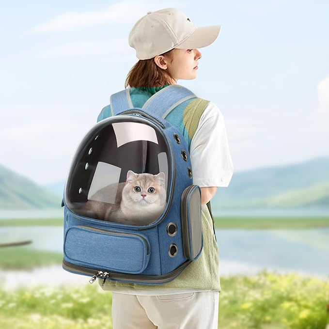Cat Backpack Carrier for Cats and Small Dogs, Breathable Cat Bubble Backpack, Airline Approved Pet Travel Carrier for Hiking Camping Outdoor(Blue)