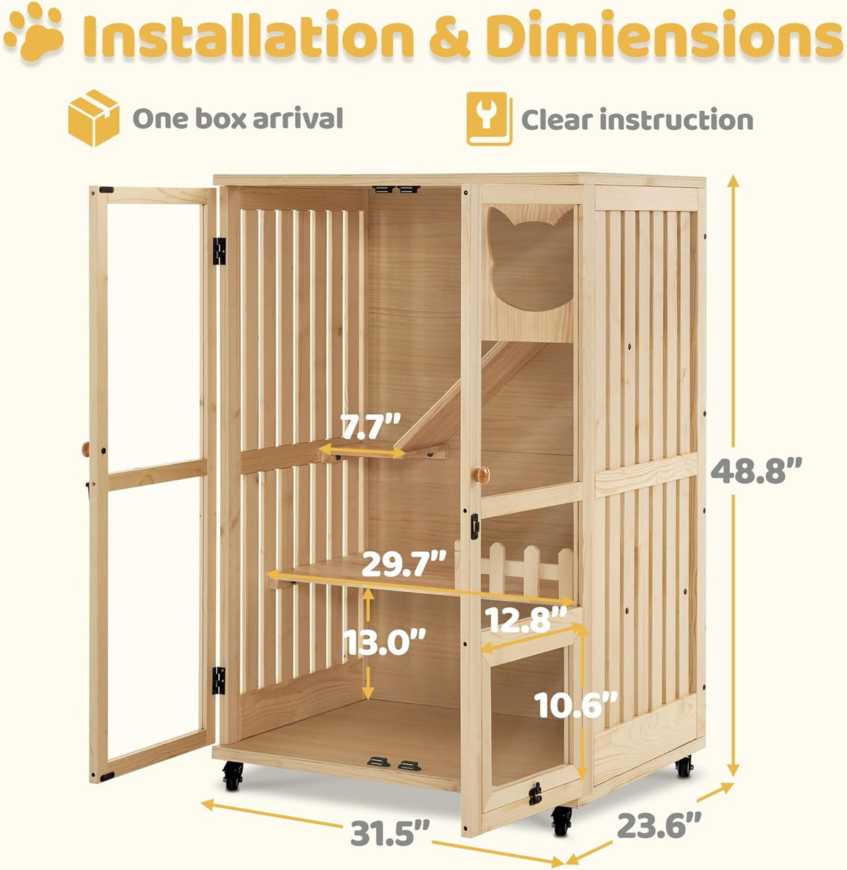 MCombo Wooden Cat Houses for Indoor Cats, Luxury Kitten House with Scratching Pad, Lockable Doors, Wheels, CT090