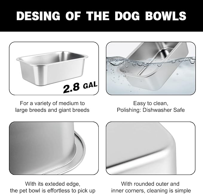 2.8 Gallon Elevated Large Dog Water Bowl, 4 Adjustable Height 10.5-15.8'' Raised Stainless Steel Bowl Stand with Anti-Slip Mat for Large Breed, Metal Dog Feeding Station for Relief Joint Pressure