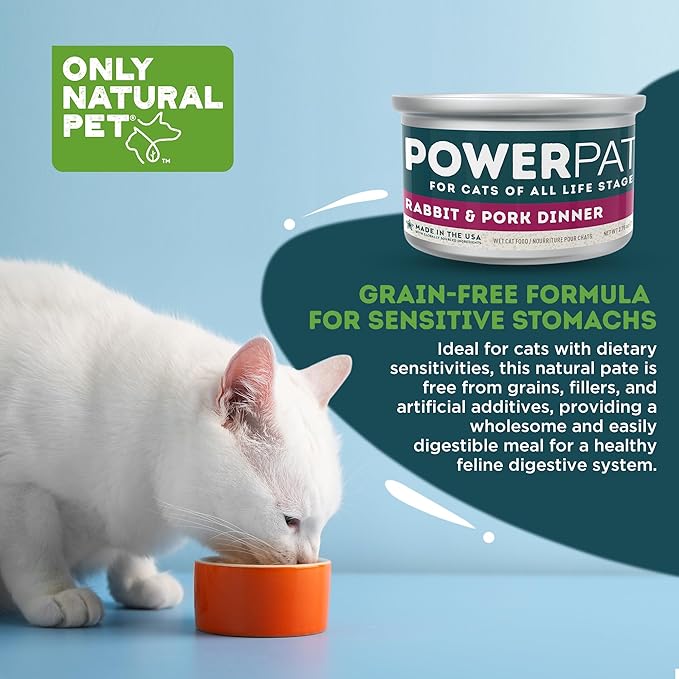 Only Natural Pet PowerPate Grain-Free Rabbit & Pork Wet Cat Food - High Protein, with Hydrating Broth - Healthy Balanced Nutrition for Kittens & Cats of All Life Stages, 2.75 oz Cans, Case of 12 (R)