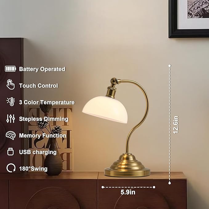 Cordless LED Table Lamp, 180° Swing Arm Desk Lamp, Battery Operated,Dimmable/3 Color, Vintage Rechargeable Table Light for Living Room,Bedroom,Bedside, White Shade, Brass