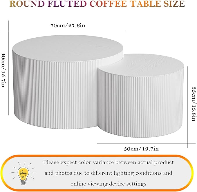 Modern Drum Coffee Table Set of 2 Stylish Minimalism Wave Stripe Fluted Nesting End Table - No Assemble, for Small Space (C-27.6IN+19.7IN)