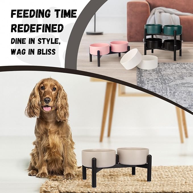 Raised Ceramic Dog Bowl Set with Stand, 3.5 Cups Elevated Dog Food Stand | 6.1'' Double Dog Food and Water Bowl Set, Non-Slip Dog Feeding Dishes for Small to Medium Breeds, 29.57 OZ, Black