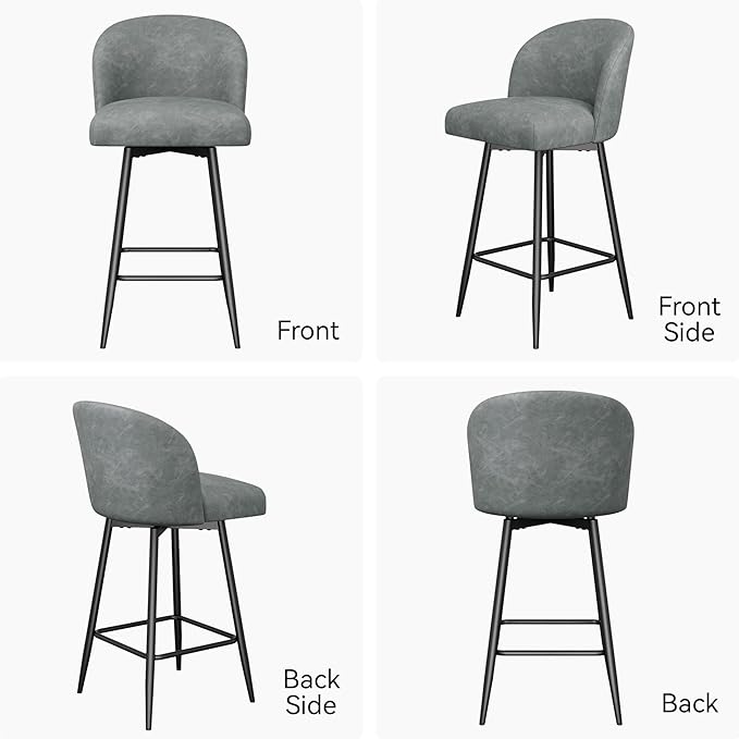 Counter Height Bar Stools Set of 4,360° Swivel Barstools with High Back and Metal Legs,26" Seat Height, Upholstered PU Leather Bar Chairs for Kitchen Island, Dining Room,Cafes,Grey