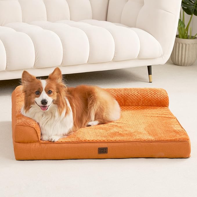 EHEYCIGA Orthopedic Dog Bed Medium Size, Memory Foam Dog Bed, Pumpkin | Small Dog Sofa with Washable Removable Cover, Waterproof Pet Couch for Crate with Nonskid Bottom, 30x20x6