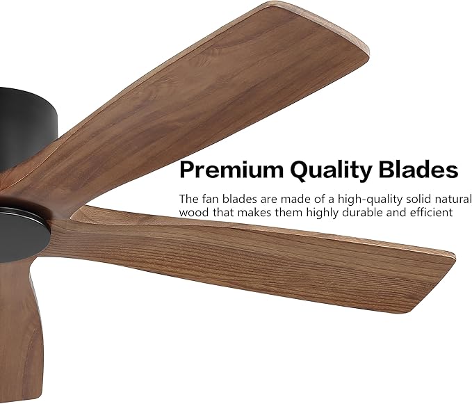 WINGBO 54" Flush Mount DC Ceiling Fans without Lights, 5 Carved Solid Wood
