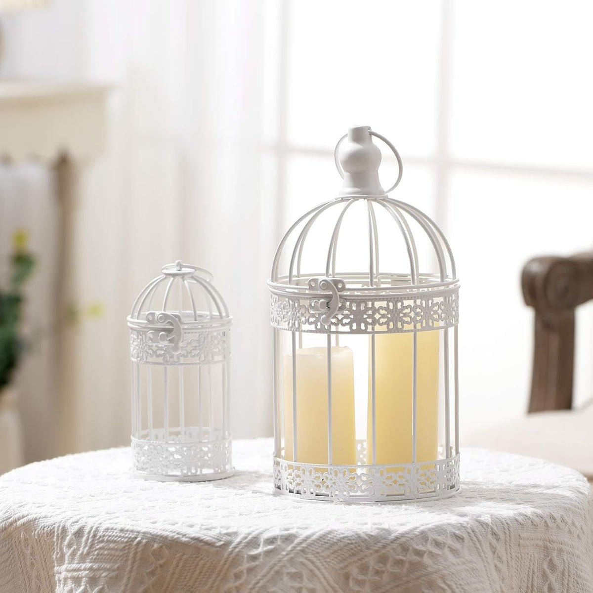 Sliner 4 Pcs Bird Cage Decorative Candle Holder Vintage Candle Holder Cage Lanterns Model for Modern Table House Home Decoration(White)