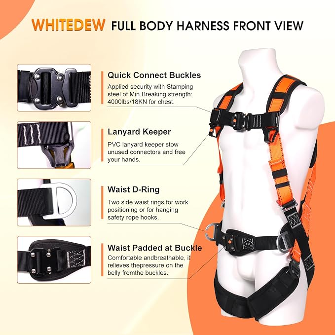 Fall Protection Premium Safety Harness with Shock Absorbing Lanyard, Vented & Padded Shoulder, Legs & Back - Upgrade 4 Quick Buckles (Orange)