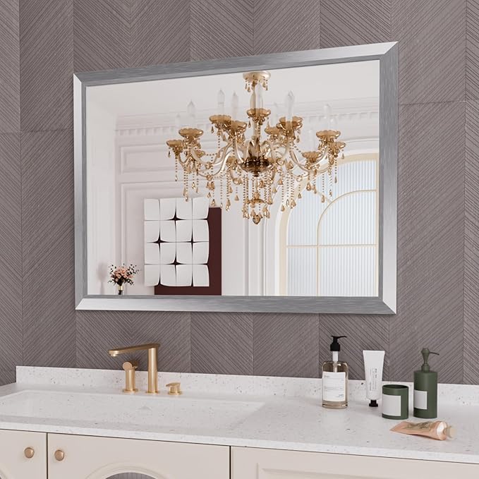 Amorho 48X36 Inch Bathroom Mirror Silver, Thick Metal Framed Wall Mirrors