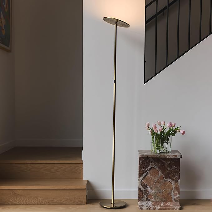 Brightech Sky LED Floor lamp for Living Rooms & Offices -Torchiere Super Bright , Dimmable, Tall Standing Lamp for Bedroom Reading - Gold Brass