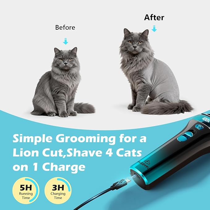 Cat Clippers for Grooming with 5-in-1 Blade, Cat Grooming Kit Cordless Rechargeable Hair Trimmer Detachable Stainless Steel Blade Pet Shaver for Small Kitty Paw Face Head Body