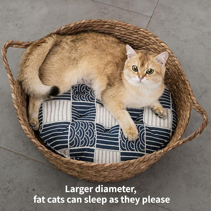 Cat Bed, Straw Woven Cat Baskets Bed, Round Wicker Cat Basket Nest, Non-Slip Cozy Kitten Bed for Cats Small Dog (with Cushion,Medium)