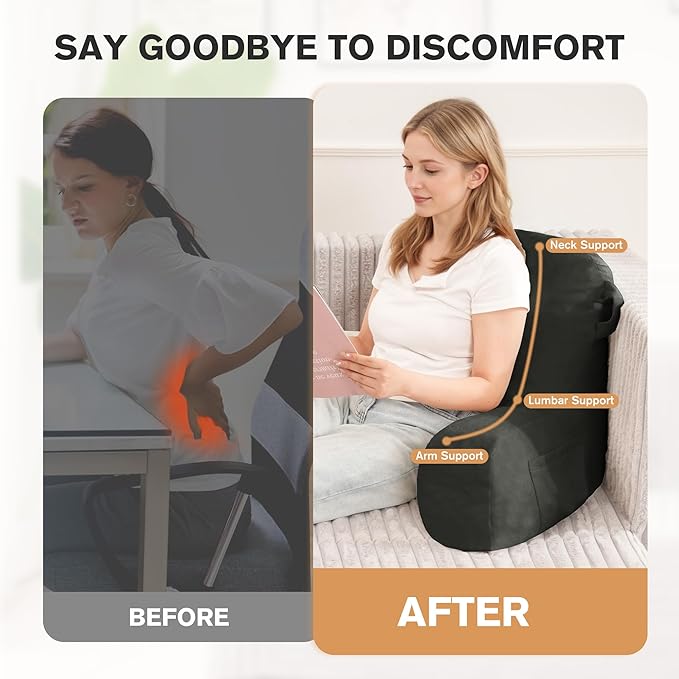 Unisakey Portable Comfy Reading Pillows for Bed Sitting Up(Grey Oeko-Tex), Velvet Back Pillow with Arms & Pockets for Adults, Support Memory Foam Bed Pillow for Dorm/Reading/Watching/Gaming