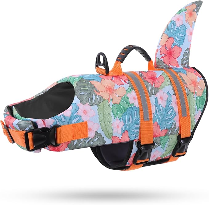 Dog Life Jacket High Flotation, Reflective Dog Life Vest for Swimming, Adjustable Dogs Life Preserver Rescue Handle Spring Summer Pool for Small, Medium, Large Dogs (HawaiiOrange,M)