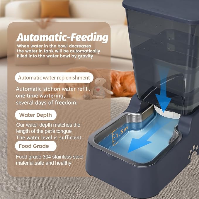 Automatic 5.4L/1.4Gal Pet Waterer, Automatic Dog Water Dispenser Gravity Stainless Steel Water Feeder, Large Capacity Feeding Bowls for Cats and Medium & Large-Sized Dogs (Black, Food+Water)