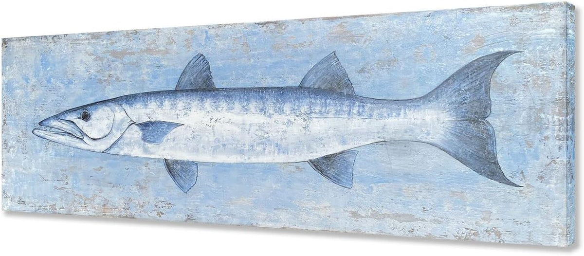 Yihui Arts Blue and White Fish Canvas Wall Art – Coastal Paintings with Textured for Living Room Bedroom Bathroom Decor
