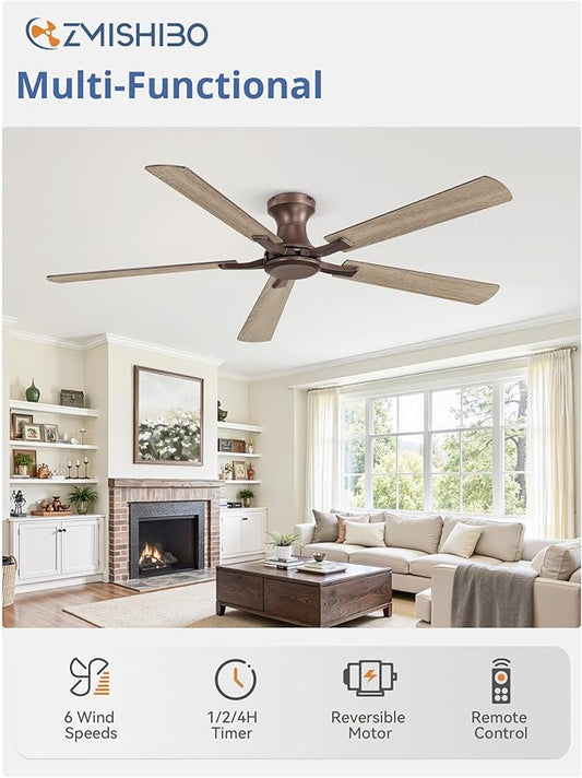 ZMISHIBO 60 Inch Ceiling Fan No Light, Flush Mount Low Profile, Farmhouse Brown