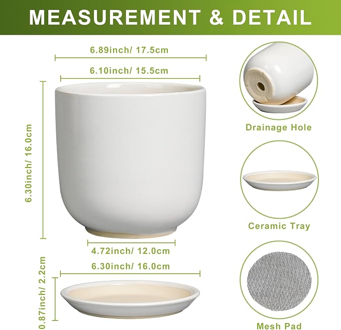Ceramic Pot for Plants 7 Inch - Modern Round Indoor Outdoor Planter with Drainage Hole and Saucer, Home House Office Room Decor, White