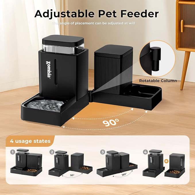 ZOMISIA Automatic Cat Feeder and Water Dispenser Set, 2 in 1 Gravity Cat Food Dispenser with 180 Degree Rotatable, Pet Self Feeding Large Capacity for Small Dogs Puppy Kitten, Black, 0.8 Gallon x 2