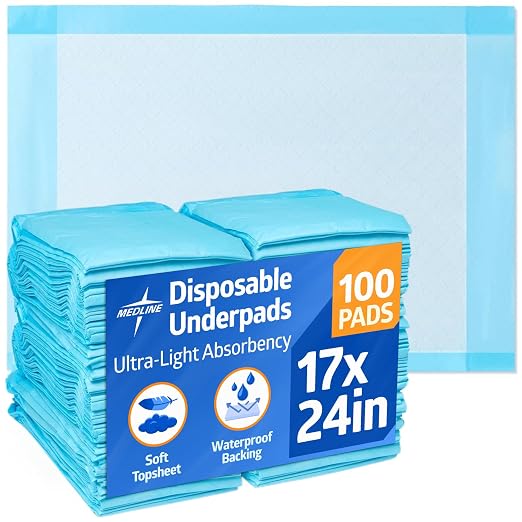 Medline Light Absorbency Underpad, 17" x 24", 100 Count, Disposable Chucks, Bed, Furniture & Surface Protection, For Kids, Adults, Elderly, Puppy Pad, Changing Pad, Incontinence Pee Pad