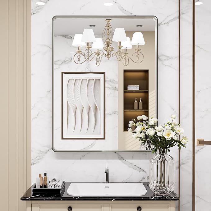 LOAAO 24X32 Inch Brushed Nickel Bathroom Mirror, Rounded Rectangle Silver Metal