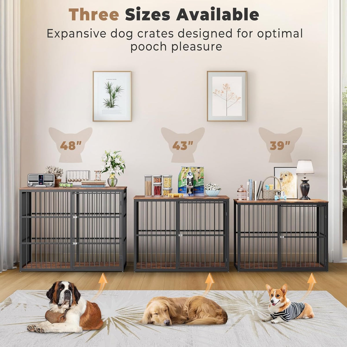 48'' XXL Dog Crate Furniture with 3 Doors,Wooden Crate End Table Heavy Duty Indoor Combination Cage for Medium to Large Dogs, Multiple Units Can be Combined