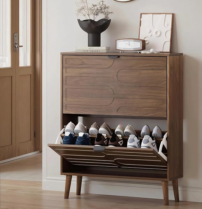 Shoe Cabinet with 2 Flip Drawers, Freestanding Shoe Storage Cabinet with Fluted