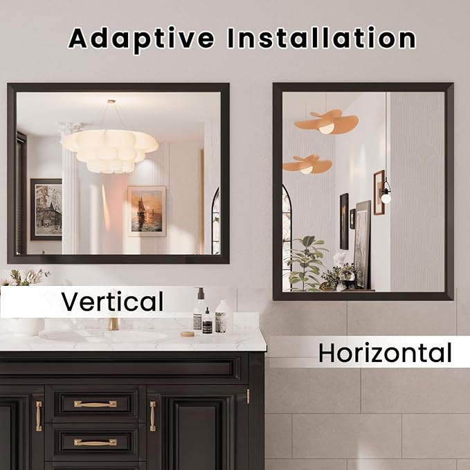 Amorho Bathroom Mirror Black, 28x32 Inch Thick Metal Framed Wall Mirrors