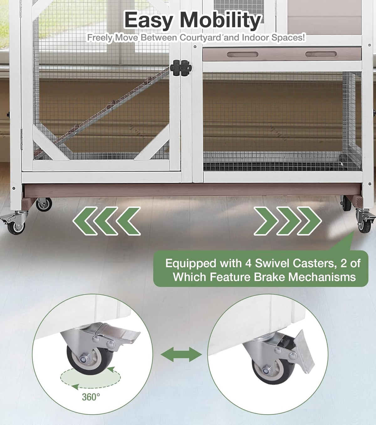 Rabbit Hutch 2-Story Wooden Bunny Cage with 2 Leak-Proof Sliding Trays, Chew-Proof Metal Mesh, Rainproof Cover, Indoor & Outdoor Guinea Pig House with Wheels - Brown