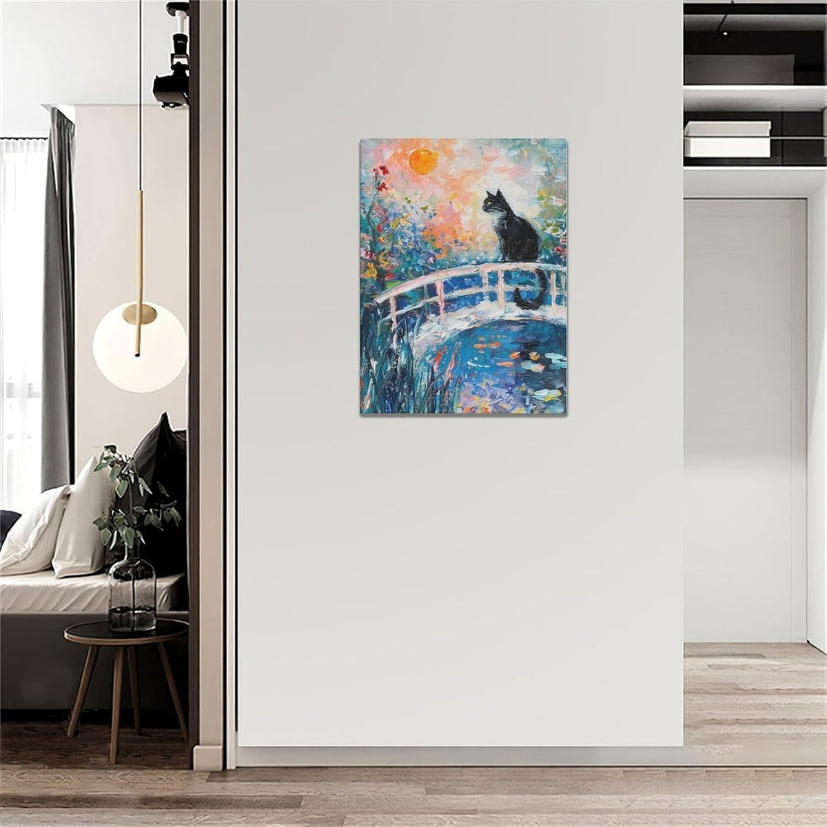 Quorin Black Cat Wall Art Water Lily Sunset Pictures Cat Wall Decor Impressionism Canvas Print Painting Artwork for Bathroom Living Room Bedroom 12"x16"