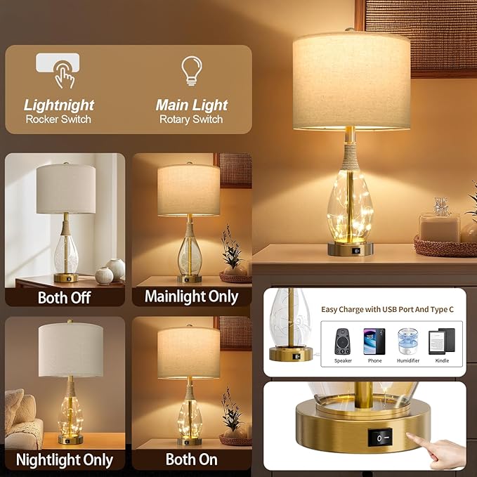 OYEARS 23" Table Lamps for Living Room Set of 2 Bedside Lamps for Night Stands Bedroom Lamps Farmhouse Rattan Boho Lamp Glass Nightlight End Table Lamp with USB C+A (Gold),Two Light Points
