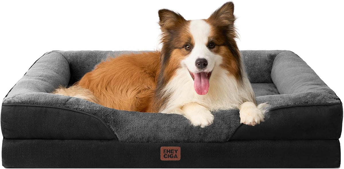 EHEYCIGA Memory Foam Dog Bed for Large Sized, Orthopedic Dog Sofa with Sides and Waterproof Liner, Washable Bolster Pet Couch with Removable Cover, 41x27x7.5 Inch, Grey/Black