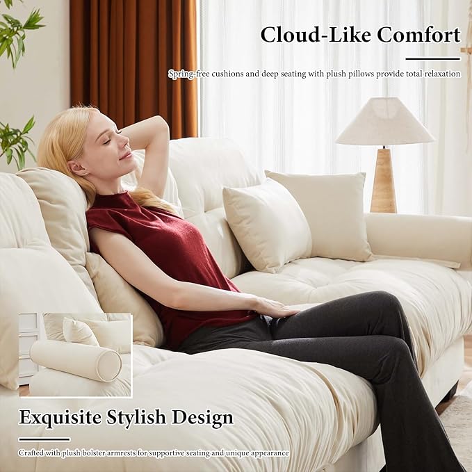 166" Oversized Couch, 4 Seater Modular Sectional Sofa, Beige White Large Sectional Couches for Living Room, Fluffy Couch Set, 4 Seater Velvet Cloud Couches with 6 Pillows, Deep Seat for Living Room