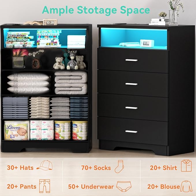 Dresser with Power Outlets and LED Lights Wooden 4 Drawer Dresser with Large