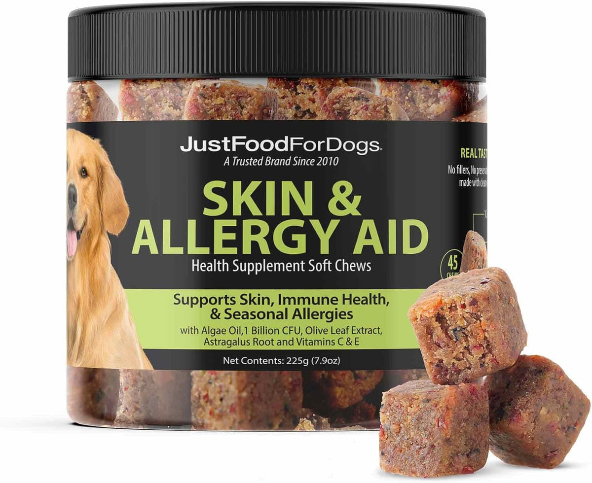 JustFoodForDogs Skin & Allergy Care Soft Chews Supplement for Dogs, Seasonal Allergies, Itchy Skin Relief, Inflammation, Immune Support - 45 Count