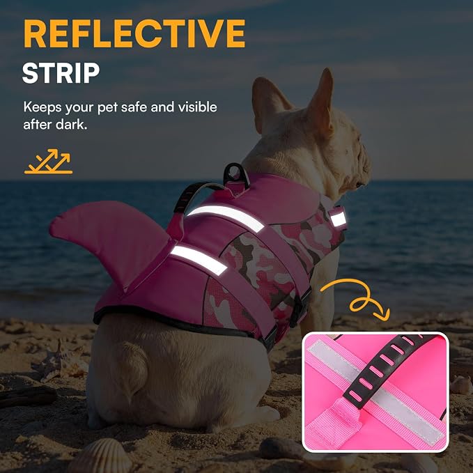 Dog Life Jacket Ripstop Dog Shark Safety Vest Adjustable Preserver with High Buoyancy and Durable Rescue Handle for Small,Medium,Large Dogs, Pink Camouflage Small