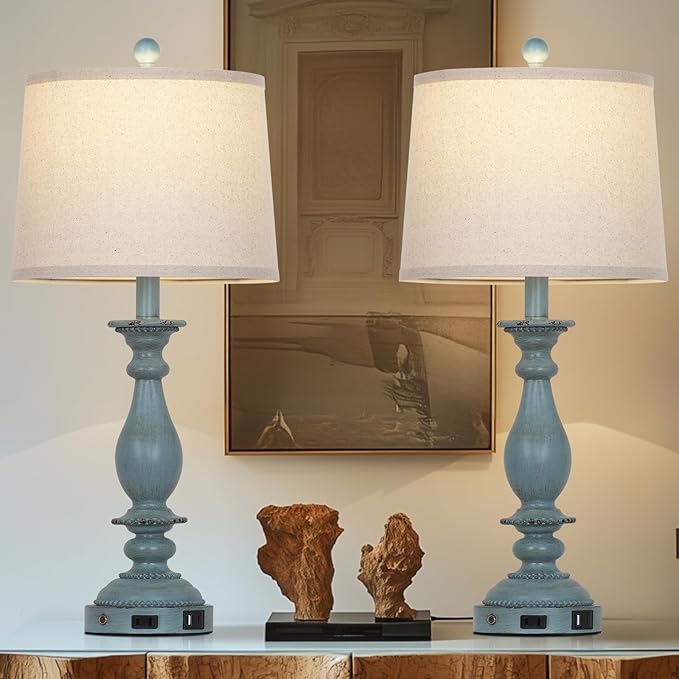 28" Tall Coastal Table Lamps for Living Room Set of 2, Farmhouse Rustic Blue Bedside Touch Lamp with USB C+A Ports & Outlet, 3-Way Dimmable Resin Nightstand Lamps for Bedroom Side End Table
