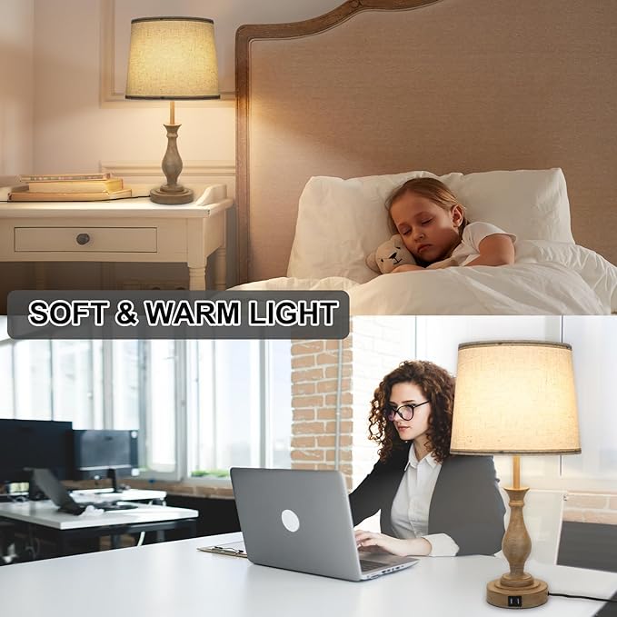 Touch Lamps for Bedrooms Set of 2, Farmhouse Table Lamp with Dual USB Charging Ports, 3 Way Dimmable Nightstand Lamps with Linen Fabric Lampshade for Bedroom (Pack 2-Beige Shade & Antique Brown)