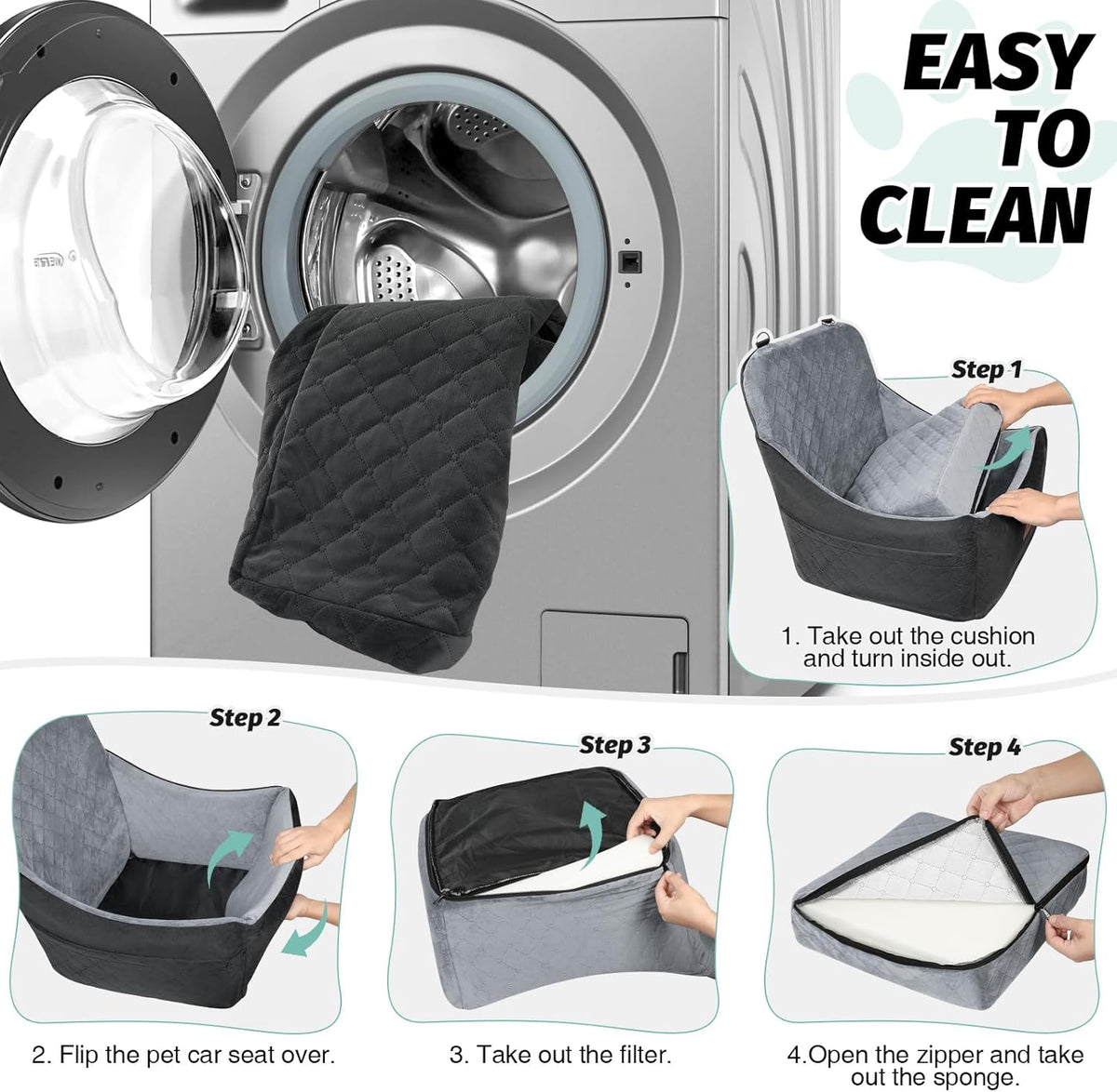 Dog Car Seat for Dogs Up to 35lbs,Fully Detachable and Washable,Memory Foam Covered Soft Fabric,Easy to Install with Adjustable Straps,Anti-Slip Bottom,Two Side Pockets(Black/Grey,Medium)