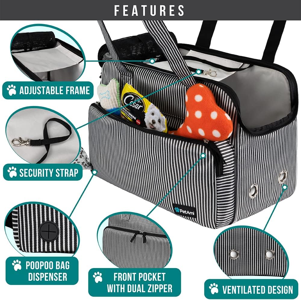 PetAmi Small Dog Purse Carrier, Soft-Sided Pet Carrier Bag with Pockets, Portable Puppy Cat Travel Handbag Tote, Airline Approved Breathable Mesh, Poop Bag Dispenser, Max 18 lbs, Stripe Black