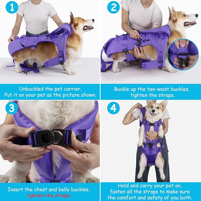 PetBonus Dog Front Carrier Backpacks, Legs Out Easy-fit Puppy Chest Carrier | Hands Free, Adjustable, Safety Strap, Walking Hiking Cycling Motorcycle bag, For Small Medium Dogs (Purple, XL)