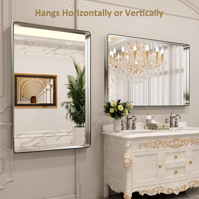 LOAAO 55X36 Inch Brushed Nickel Bathroom Mirror, Rounded Rectangle Silver Metal