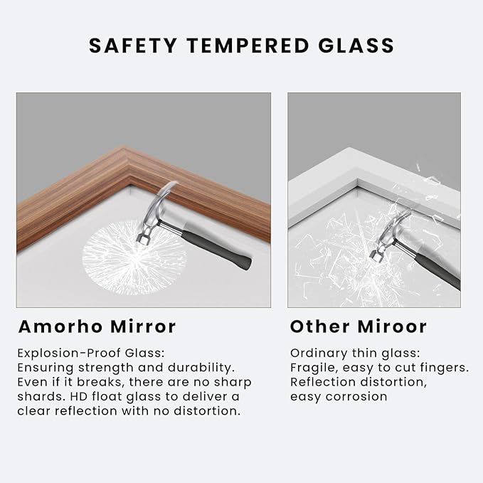 Amorho Bathroom Mirror, 24x30 Inch Wall Mirror, Walnut Wood Grain Metal Framed