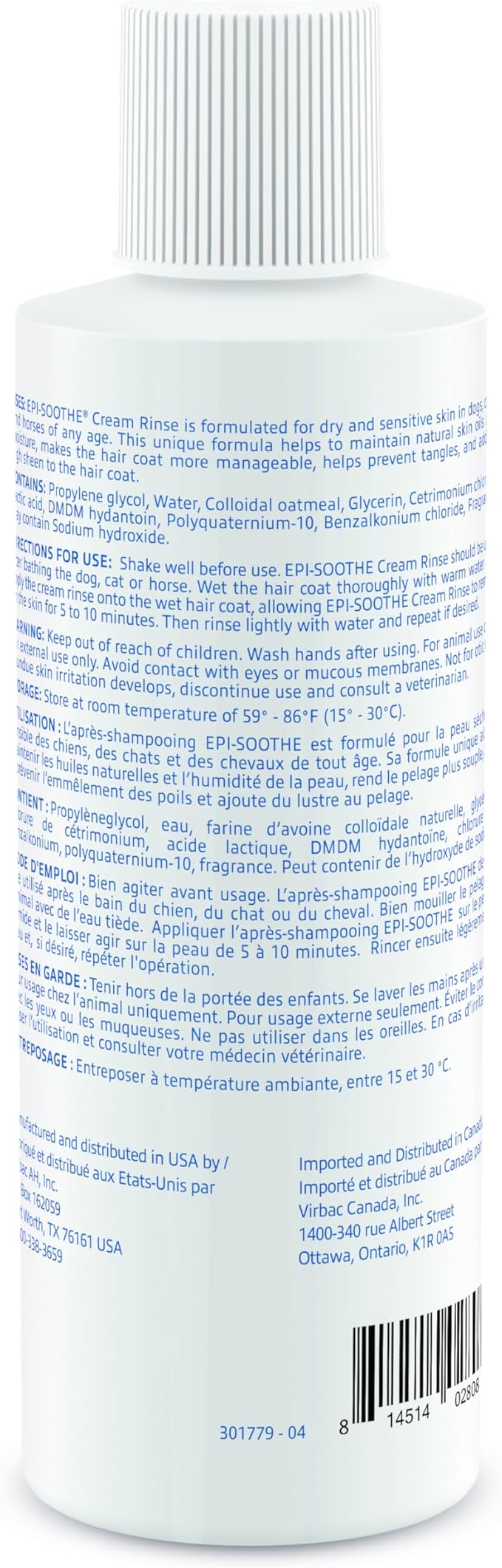 Virbac Epi-Soothe Cream Rinse Pet Conditioner For Dogs, Cats & Horses (8 oz) - For Dry or Sensitive Skin