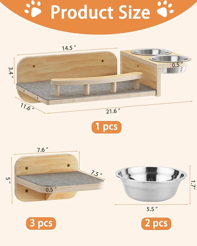 Meidok Cat Wall Furniture,Cat Wall Shelves,Dog Proof Cat Feeding Station with 3 Wide Wall Steps and 2pices 304 Stainless Steel Bowl Cat Feeding Shelf for Cats up to 25 Lbs - Wood Color