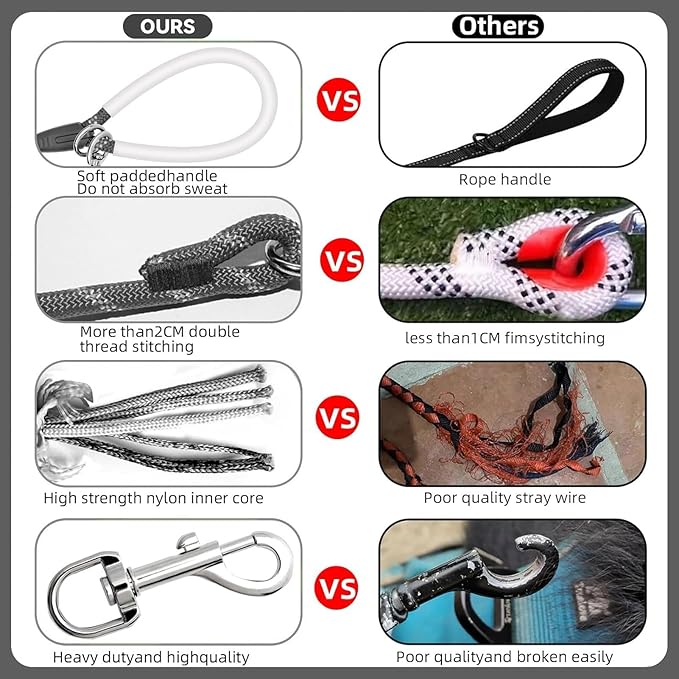 Nylon Dog Leash 6FT 10FT 20FT 30FT Diameter 2/5 Inch with Comfortable Silicone Handle Highly Reflective No Tangle for Medium Large Dogs Outside Walking Camping Backyard. (Black, 10FT * 2/5Inches)